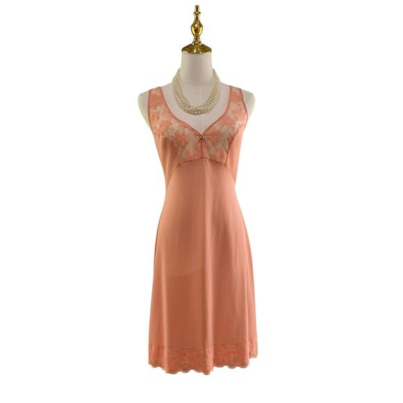 Vintage 60s Huber Romantic Pinup Peach Soft Nylon Lacy Full Slip Dress Size S/M - Picture 2 of 14